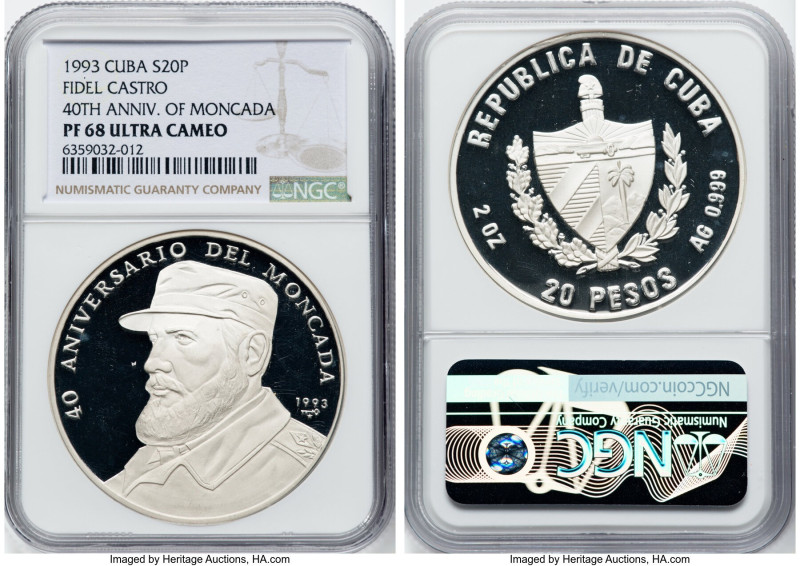 Republic silver Proof "Fidel Castro - 40th Anniversary of Moncada" 20 Pesos 1993...