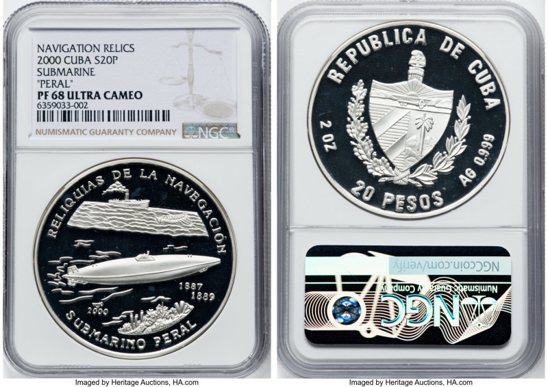 Republic silver Proof "Peral Submarine" 20 Pesos 2000 PR68 Ultra Cameo NGC, Hava...