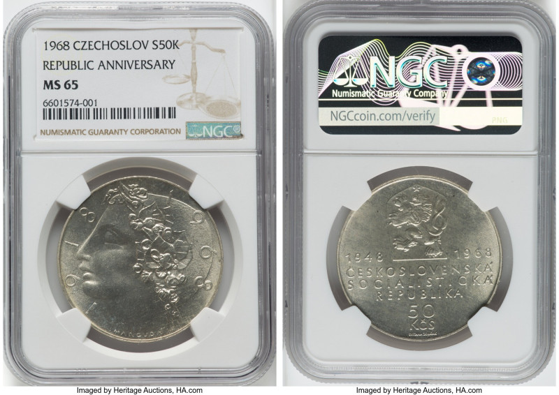 Republic silver "Republic 50th Anniversary" 50 Korun 1968 MS65 NGC, KM65. Sold w...