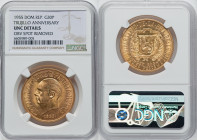 Republic gold "Trujillo Anniversary" 30 Pesos 1955 UNC Details (Obverse Spot Removed) NGC, KM24. A strong reverse with impressively undisturbed rims. ...