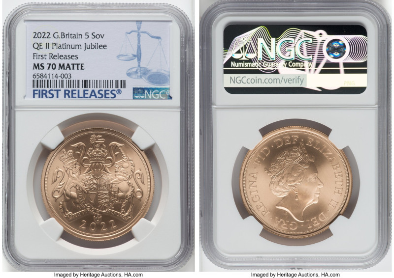 Elizabeth II gold "Platinum Jubilee" 5 Pounds 2022 MS70 Matte NGC, Limited Editi...