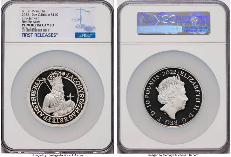 Elizabeth II silver Proof "King James I" 10 Pounds (10 oz) 2022 PR70 Ultra Cameo...