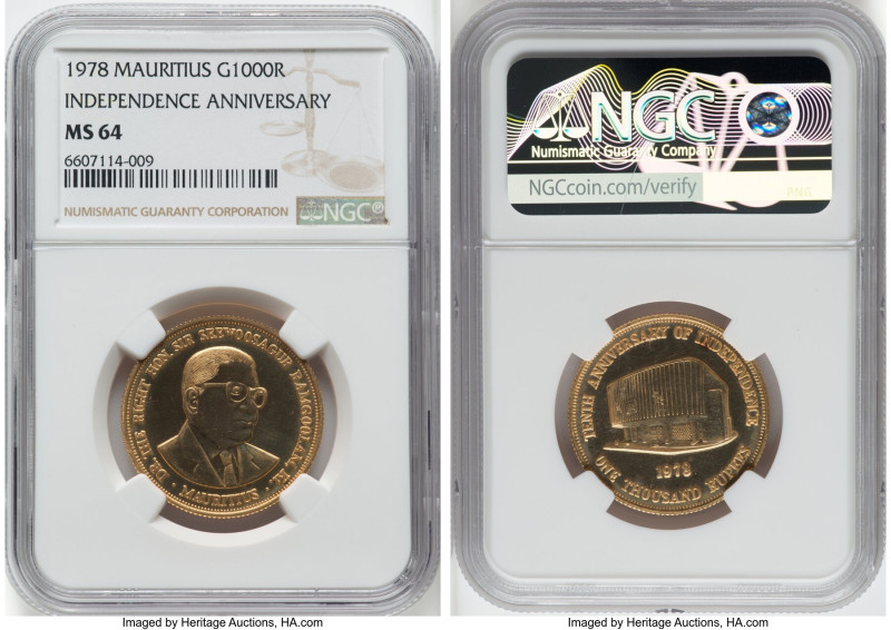 Elizabeth II gold "10th Anniversary of Independence" 1000 Rupees 1978 MS64 NGC, ...