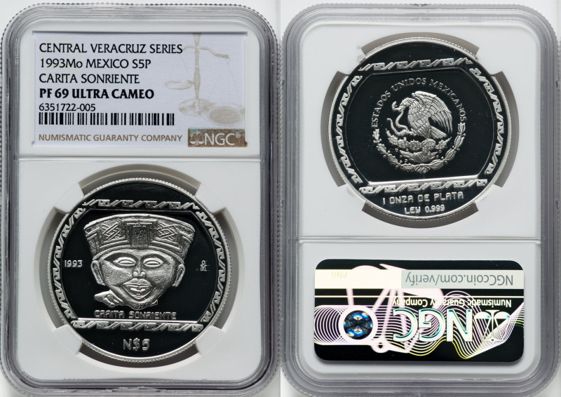 Estados Unidos silver Proof "Carita Sonriente" 5 Nuevo Pesos (1 oz) 1993-Mo PR69...