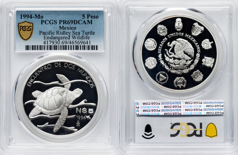 Estados Unidos silver Proof "Pacific Ridley Sea Turtle" 5 Nuevos Pesos 1994-Mo P...