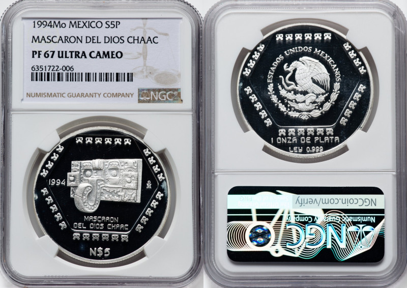 Estados Unidos silver Proof "Mascaron Del Dios Chaac" 5 Nuevo Pesos (1 oz) 1994-...