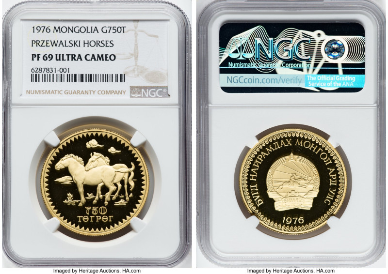Republic gold Proof "Przewalski Horses" 750 Tugrik 1976 PR69 Ultra Cameo NGC, KM...
