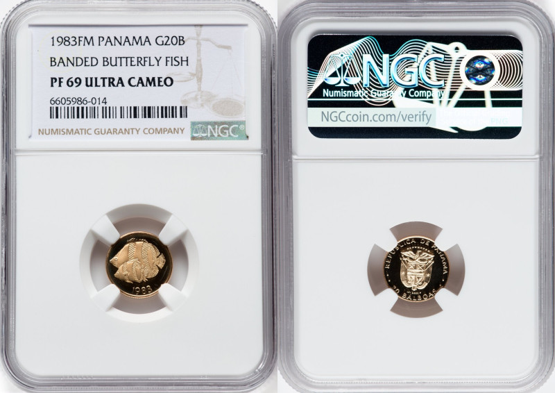 Republic gold Proof "Banded Butterfly Fish" 20 Balboas 1983-FM PR69 Ultra Cameo ...