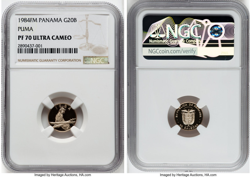 Republic gold Proof "Puma" 20 Balboas 1984-FM PR70 Ultra Cameo NGC, Franklin min...