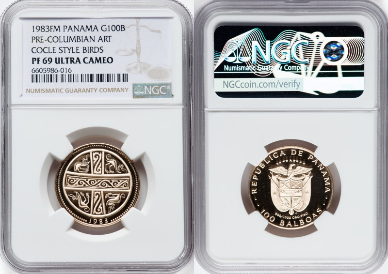 Republic gold Proof "Cocle Style Birds" 100 Balboas 1983-FM PR69 Ultra Cameo NGC...