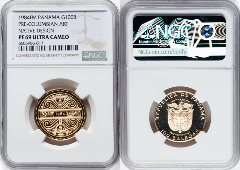 Republic gold Proof "Native Art" 100 Balboas 1984-FM PR69 Ultra Cameo NGC, Frank...