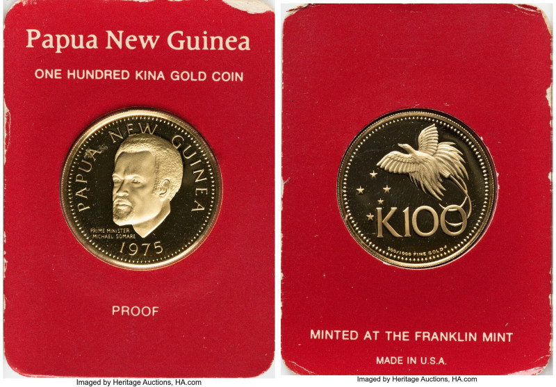 Republic gold Proof "Independence" 100 Kina 1975-FM UNC, Franklin mint, KM9. Hou...