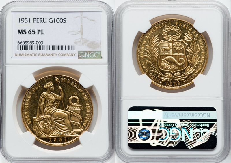 Republic gold 100 Soles 1951 MS65 Prooflike NGC, Lima mint, KM231. An impressive...