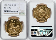 Republic gold 100 Soles 1951 MS65 Prooflike NGC, Lima mint, KM231. An impressively detailed coin, with bright yellow color and in exceptional conditio...