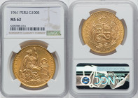 Republic gold 100 Soles 1961 MS62 NGC, Lima mint, KM231. An impressively detailed coin, with honey-gold color and in exceptional condition for its age...