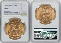Republic gold 100 Soles 1962 MS67 NGC, Lima mint, KM231. An impressively, detailed coin, with lustrous surfaces. HID09801242017 © 2022 Heritage Auctio...