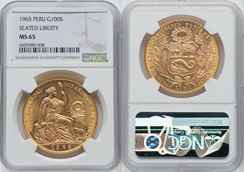 Republic gold 100 Soles 1965 MS65 NGC, Lima mint, KM231. An impressively detaile...