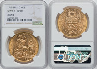 Republic gold 100 Soles 1965 MS65 NGC, Lima mint, KM231. An impressively detailed coin, with slight honey-gold toning creeping in towards the center o...