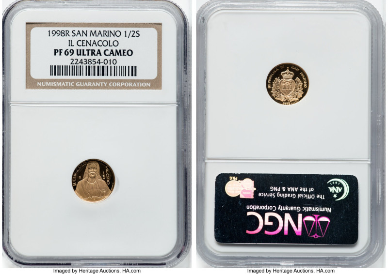 Republic gold Proof "Il Cenacolo" 1/2 Scudo 1998-R PR69 Ultra Cameo NGC, Rome mi...