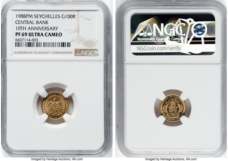 Republic gold Proof "Central Bank 10th Anniversary" 100 Rupees 1988-PM PR69 Ultr...