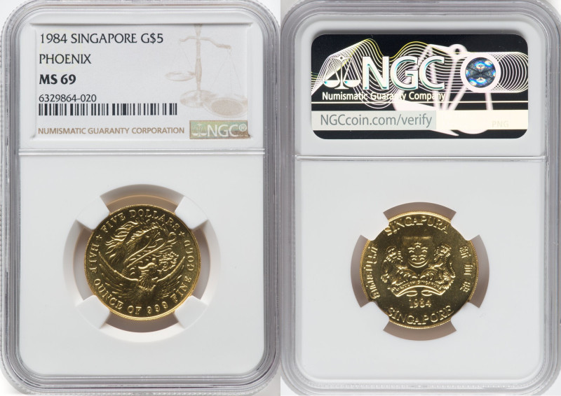 Republic gold "Phoenix" 5 Dollars (1/2 oz) 1984 MS69 NGC, Singapore mint, KM30. ...