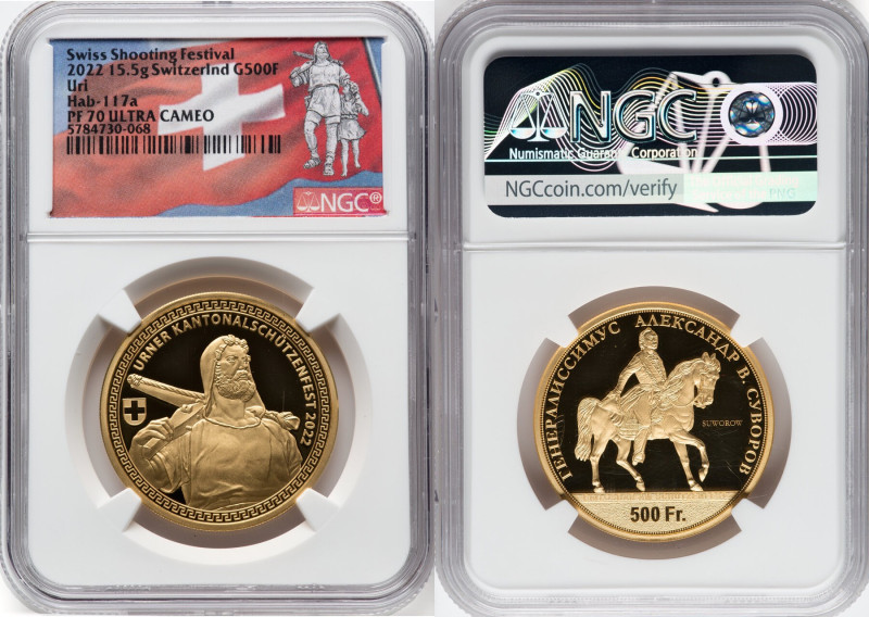 Confederation gold Proof "Uri Shooting Festival" 500 Francs 2022 PR70 Ultra Came...