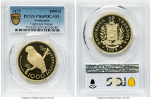 Republic gold Proof "Cock of the Rocks" 1000 Bolivares 1975 PR69 Deep Cameo PCGS, British Royal mint, KM-Y48.1, Fr-8. Feathered Wing variety. Mintage:...