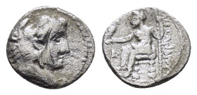 KINGS of MACEDON. Alexander III The Great.(336-323 BC).Arados (?).Obol. 

Obv : Head of Herakles right, wearing lion's skin.

Rev : AΛEΞANΔPOY.
Zeus A...