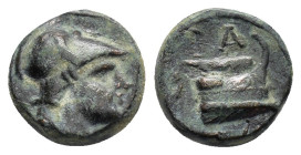 KINGS of MACEDON. Demetrios I Poliorketes (306-283 BC).Uncertain mint in Caria(?).Ae.

Obv : Helmeted head of Athena right.

Rev : BA.
Prow right; lab...