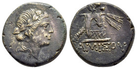 PONTOS. Amisos. Time of Mithradates VI (Circa 105-90 BC or 90-85 BC). Ae.

Obv : Head of Dionysos right, wearing ivy wreath.

Rev : AMIΣOY.
Thyrsos le...