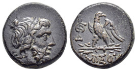 PONTUS. Amisos.(Circa 100-85 BC).Ae.

Obv : Laureate head of Zeus right.

Rev : AMIΣOV.
Eagle, with head right, standing left on thunderbolt; monogram...