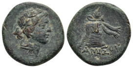 PONTUS. Amisos. Struck under Mithradates VI (Circa 100-95 or 90-80 BC). Ae.

Obv : Head of Dionysos right, wearing ivy wreath.

Rev : AMIΣOV.
Thyrsos ...