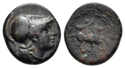 AEOLIS. Elaia.(Circa 450-400 BC).Ae.

Obv : Head of Athena to left, wearing crested Corinthian helmet. 

Rev : ΕΛΑΙ.
Horseman riding to right; all wit...