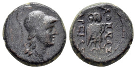 MYSIA. Pergamon.(Circa 133-27 BC).Ae.

Obv : Helmeted head of Athena right within wreath.

Rev : AΘHNAΣ / APEIAΣ.
Owl standing right, head facing.
SNG...