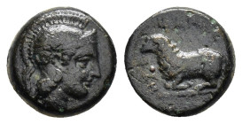 IONIA. Klazomenai.(Circa 386-301 BC).Ae.

Obv : Head of Athena right, wearing Attic helmet.

Rev : EPMIOΔIKOΣ.
Ram reclining left.
SNG Copenhagen 47; ...