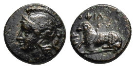 IONIA. Klazomenai.(Circa 386-301 BC).Ae.

Obv : Head of Athena left, wearing Attic helmet and necklace.

Rev : HPOΦIΛOΣ.
Ram reclining left.
SNG Copen...
