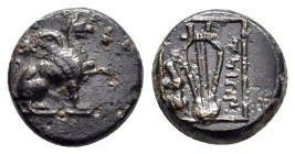 IONIA. Teos.(Circa 210-190 BC).Ae.

Obv : Griffin seated right, raising forepaw.

Rev : THIΩN.
Lyre within linear square. Control: horseé hoof.
SNG Co...