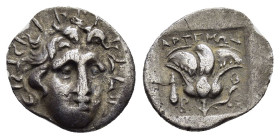 CARIA. Rhodes.(Circa 170-150 BC). Hemidrachm.

Obv : Radiate head of Helios facing slightly right.

Rev : APTEMΩΝ P - O.
Rose with bud to right; pilos...
