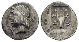 LYCIAN LEAGUE.Masikytes.(30-27 BC).Hemidrachm.

Obv : Laureate head of Apollo right.

Rev : M - A.
Lyre; winged kerykeion to right; all within incuse ...