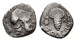CILICIA. Soloi.(Circa 350-330 BC). Obol.

Obv : Head of Athena to right, wearing crested Corinthian helmet. 

Rev : ΣΟΛΕΩΝ.
Grape bunch on vine; in ri...