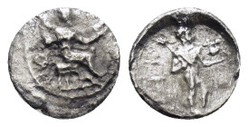 CILICIA. Tarsos. Tiribazos.(Satrap of Lydia, 388-380). Obol.

Obv : Baaltars seated right, holding eagle and lotus-tipped sceptre.

Rev : Male figure ...