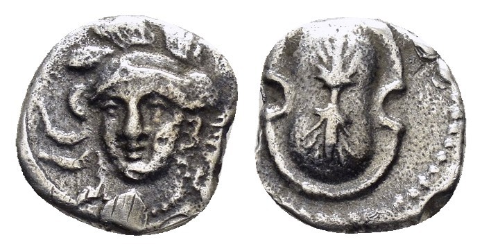 CILICIA. Uncertain. (4th century BC). Obol.

Obv : Helmeted head of Athena fac...