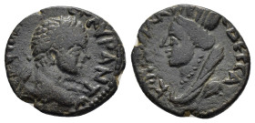 MESOPOTAMIA. Edessa. Caracalla (198-217). Ae.

Obv :
Laureate head right 

Rev :
Turreted, veiled and draped bust of Tyche left.
SNG Copenhagen 205. 
...