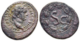 SYRIA. Seleucis and Pieria. Vespasian (69-79) Antioch. Ae.

Obv : MP CAES VES(P) AVG P M COS IIII.
Laureate head of Vespasian, rght.

Rev : S C.
In la...