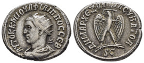 SYRIA. Seleucis and Pieria. Antioch. Philip I (247-249). Tetradrachm.

Obv : AYTOK K M IOYΛ ΦIΛIΠΠOC CEB.
Radiate and cuirassed bust left.

Rev : ΔHMA...