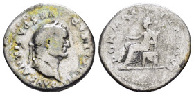 VESPASIAN (69-79).Rome.Denarius. 

Obv : IMP CAESAR VESPASIANVS AVG.
Laureate head right.

Rev : PON MAX TR P COS VI.
Pax seated left with branch.
RIC...