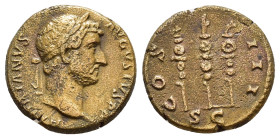 HADRIAN.(117-138).Rome.Semis.

Obv : HADRIANVS AVGVSTVS.
Head of Hadrian, laureate, right.

Rev : COS III S C.
Eagle between two standards.
RIC II 689...