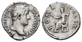 HADRIAN.(117-138).Rome.Denarius.

Obv : HADRIANVS AVG COS III P P.
Laureate head right.

Rev : ROMA FELIX.
Roma seated left on curule chair, holding b...