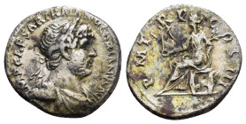 HADRIAN (117-138).Rome.Denarius. 

Obv : IMP CAESAR TRAIAN HADRIANVS AVG.
Laureate bust right, with slight drapery.

Rev : P M TR P COS III.
Pax seate...