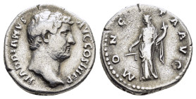 HADRIAN (117-138).Rome.Denarius. 

Obv : HADRIANVS AVG COS III P P.
Bare head right.

Rev : MONETA AVG.
Moneta standing left, holding scales and cornu...